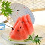 夏イメージ　スイカ　風鈴　団扇　青モミジ